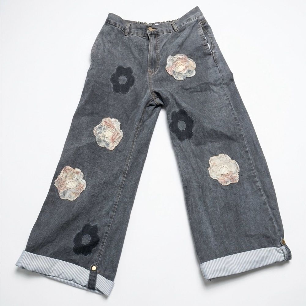 POL NWT Floral Patchwork Rolled-Up Denim Straight Pants Size Large - Picture 5 of 9